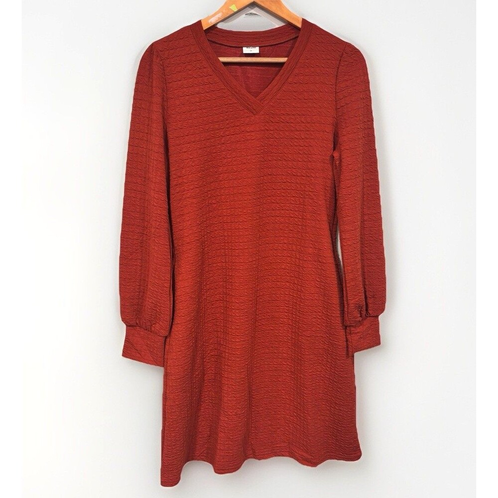 Alealiy Rust Orange Textured Shift Dress Sz M V-Neck Smocked Sleeve Mini Boho